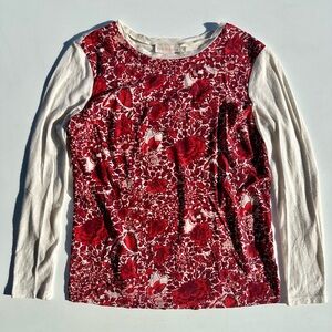Tory Burch Silk Font Wool Sweater Red Floral and Cream Long Sleeve Top, S